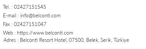 Belconti Resort Otel telefon numaralar, faks, e-mail, posta adresi ve iletiim bilgileri